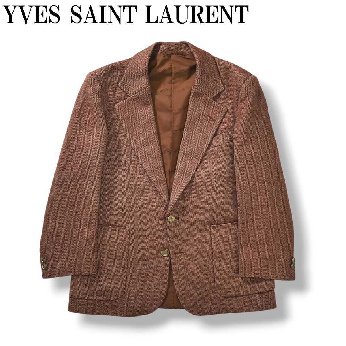 【希少】 70s80sヴィンテージ イヴサンローラン YVES SAINT LAURENT ヘリンボーン ツイード シングル 2B テーラードジャケット ブレザー 秋冬 YSL メタルボタン 48 メンズ