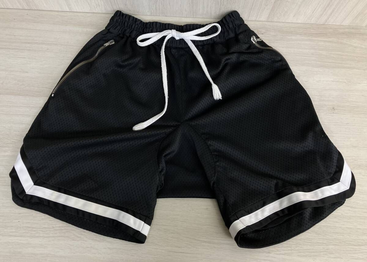 A Elegantes SAPEur サプール メッシュハーフパンツ バスケパンツ ブラック×ホワイトライン 黒×白 スポーツ メンズ [L] タグ印字不鮮明 9,266円