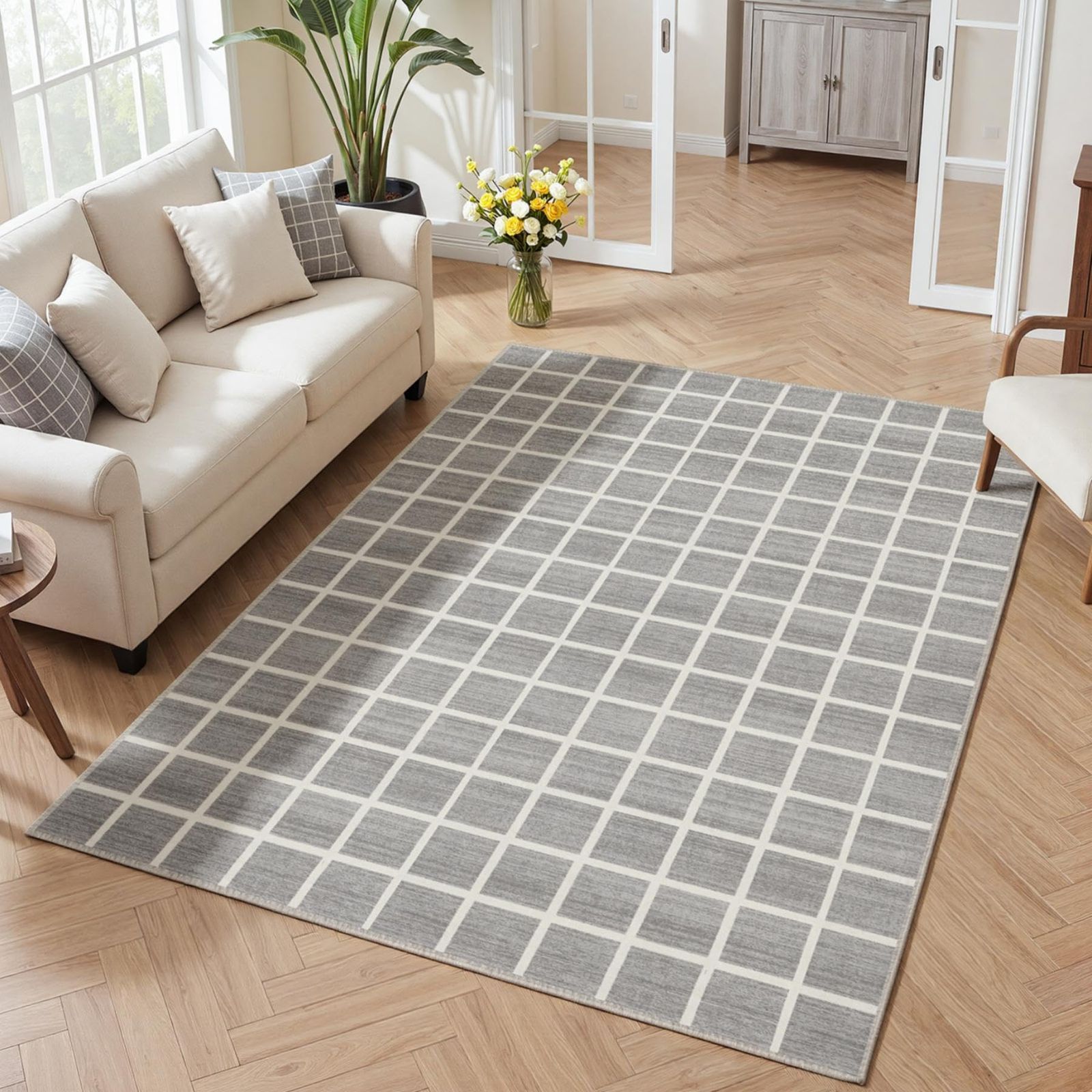 Tribesigns ラグ カーペット 約152×213cm（約2畳） 洗えるラグ チェック柄 グレー フェイクウール 滑り止め付き 防音 超薄型 モダン OEKO-TEX認証 | ソフト、滑り止め、低パイルエリアラグ 寝室、ダイニングルーム、寮、オフィス、モ