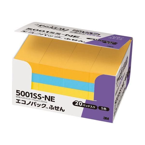 ds-(まとめ) 3M ポストイット エコノパック 強粘着ふせん 75×25mm ネオンカラー5色 5001SS-NE 1パック(20冊) 〔×5セット〕