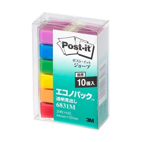 ds-(まとめ) 3M ポストイット ジョーブ エコノパック 透明見出し 44×10mm レインボーカラー6色 業務用パック 6831M 1セット（60冊） 〔×5セット〕