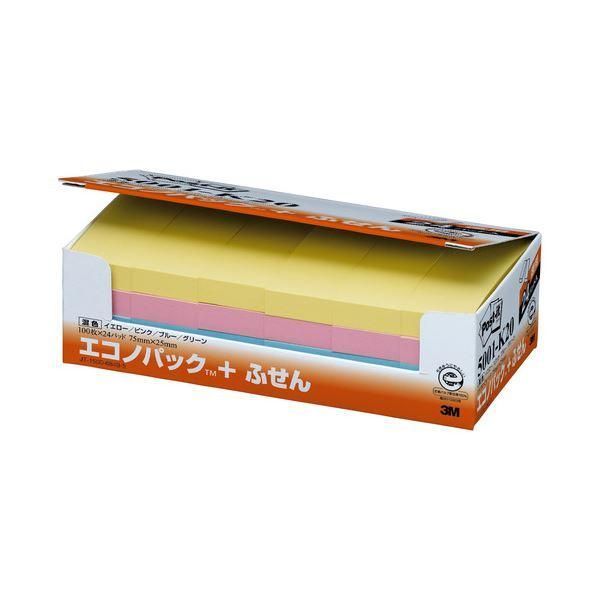 ds-(まとめ) 3M ポストイット エコノパック ふせん 再生紙 75×25mm 4色 5001-K20 1パック（24冊） 〔×5セット〕