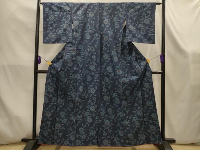 蔦模様 平和夏大島 屋- 着物レトロ □龍郷 上質紺色 な紬 草花文