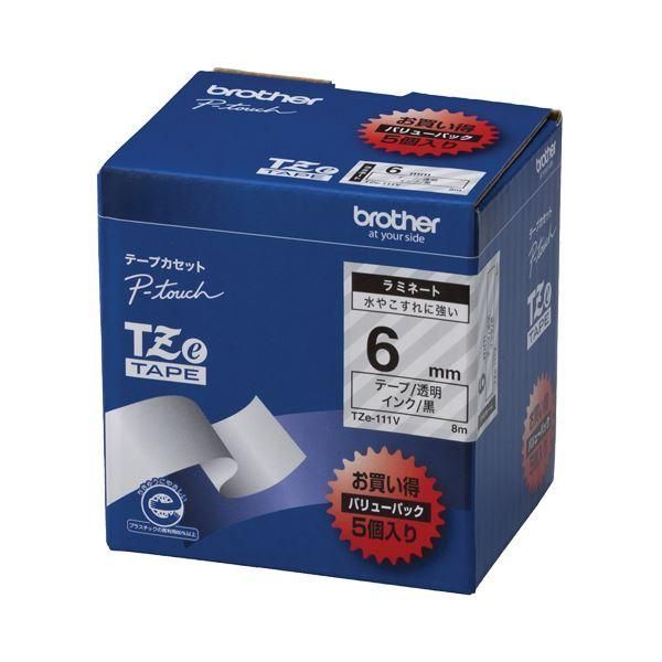 ds-(まとめ）ブラザー BROTHER ピータッチ TZeテープ ラミネートテープ 6mm 透明/黒文字 業務用パック TZE-111V 1パック(5個)〔×3セット〕
