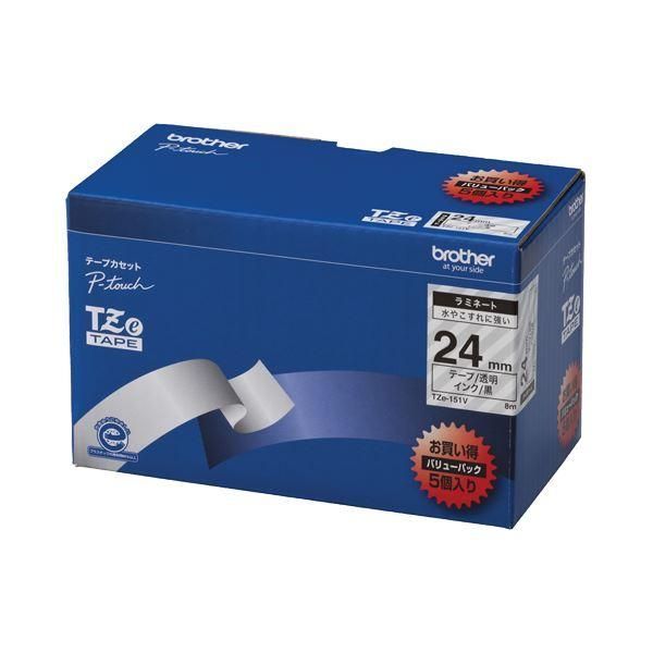 ds-(まとめ）ブラザー BROTHER ピータッチ TZeテープ ラミネートテープ 24mm 透明/黒文字 業務用パック TZE-151V 1パック(5個)〔×3セット〕