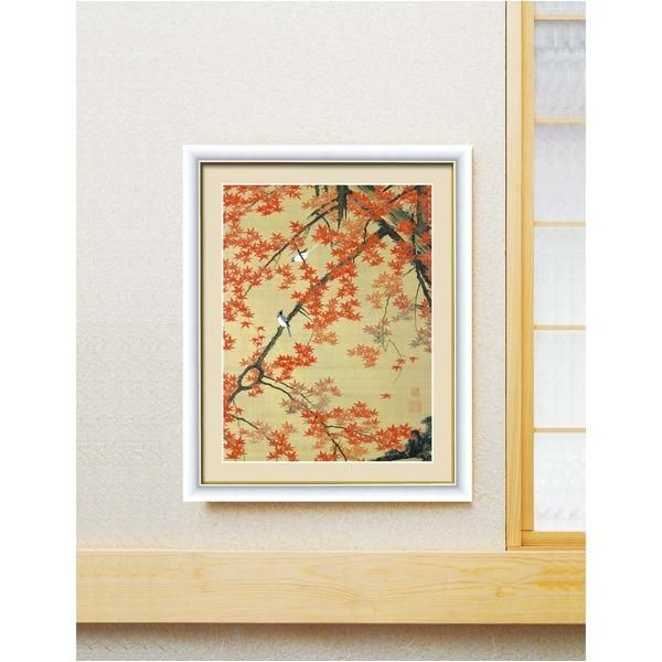 ds-伊藤若冲 額装品 白 〔 F6号 紅葉小禽図 〕 若冲 鳳凰 旭日 動植綵絵額 群鶏 白鳳 鶏
