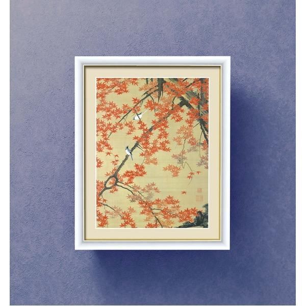 ds-伊藤若冲 額装品 白 〔 F6号 紅葉小禽図 〕 若冲 鳳凰 旭日 動植綵絵額 群鶏 白鳳 鶏