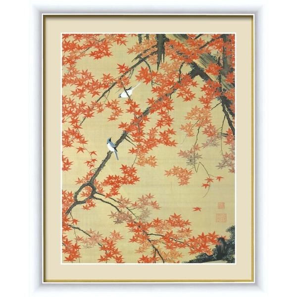 ds-伊藤若冲 額装品 白 〔 F6号 紅葉小禽図 〕 若冲 鳳凰 旭日 動植綵絵額 群鶏 白鳳 鶏