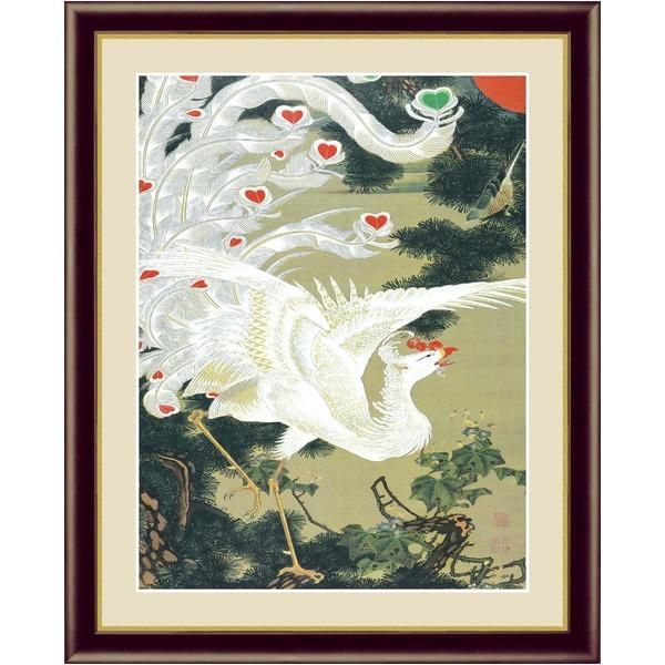 ds-伊藤若冲 額装品 茶 〔 F6号 老松白鳳図 〕 若冲 鳳凰 旭日 動植綵絵額 群鶏 白鳳 鶏