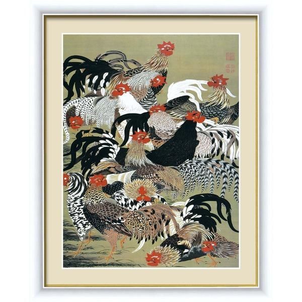 ds-伊藤若冲 額装品 白 〔 F4号 群鶏図 〕 若冲 鳳凰 旭日 動植綵絵額 群鶏 白鳳 鶏