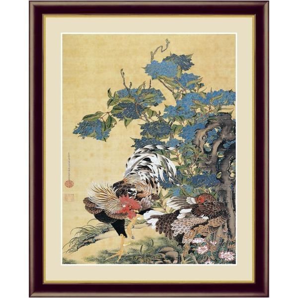 ds-伊藤若冲 額装品 茶 〔 F4号 紫陽花双鶏図 〕 若冲 鳳凰 旭日 動植綵絵額 群鶏 白鳳 鶏