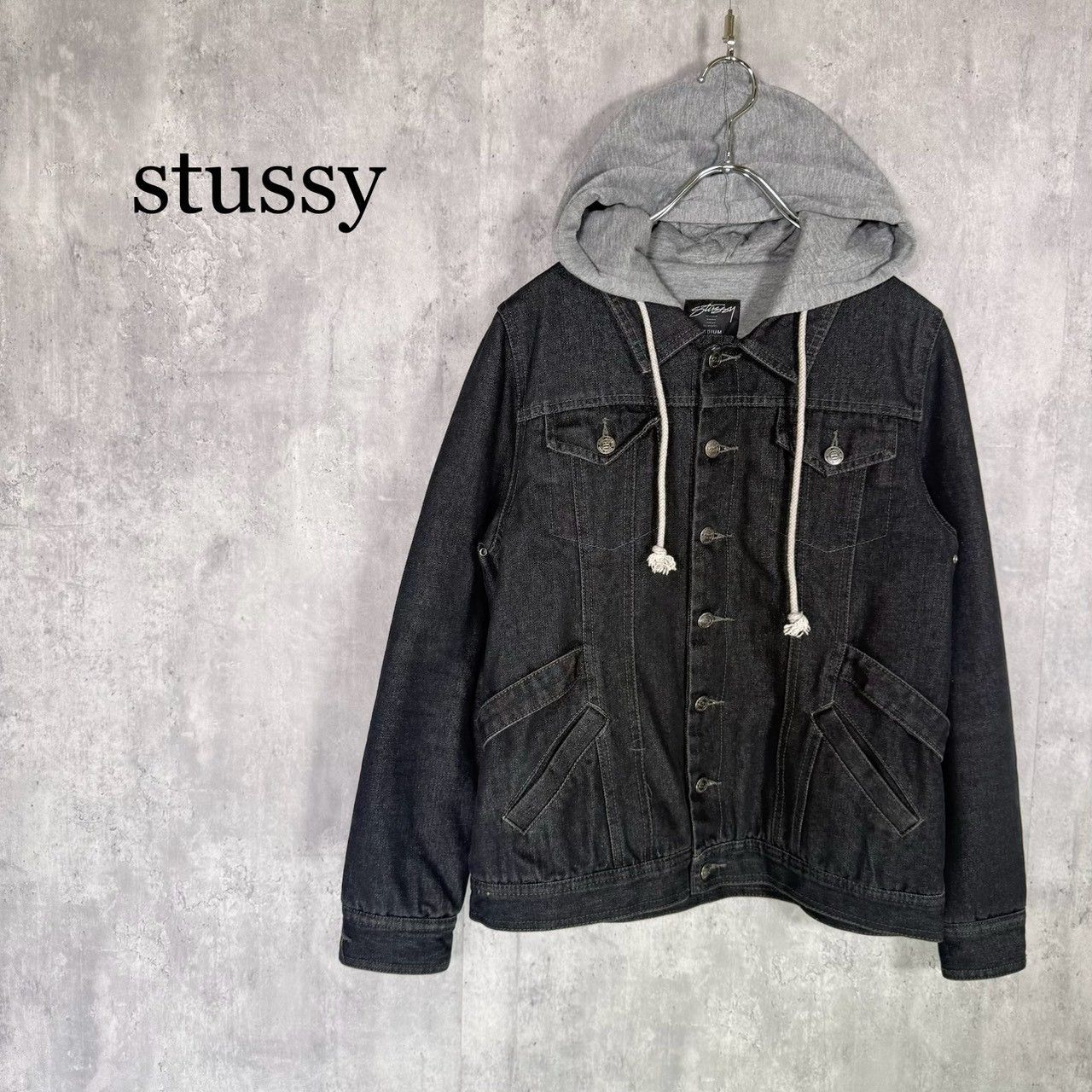 『stussy』ステューシー(M)フード付き ブラック デニムジャケット