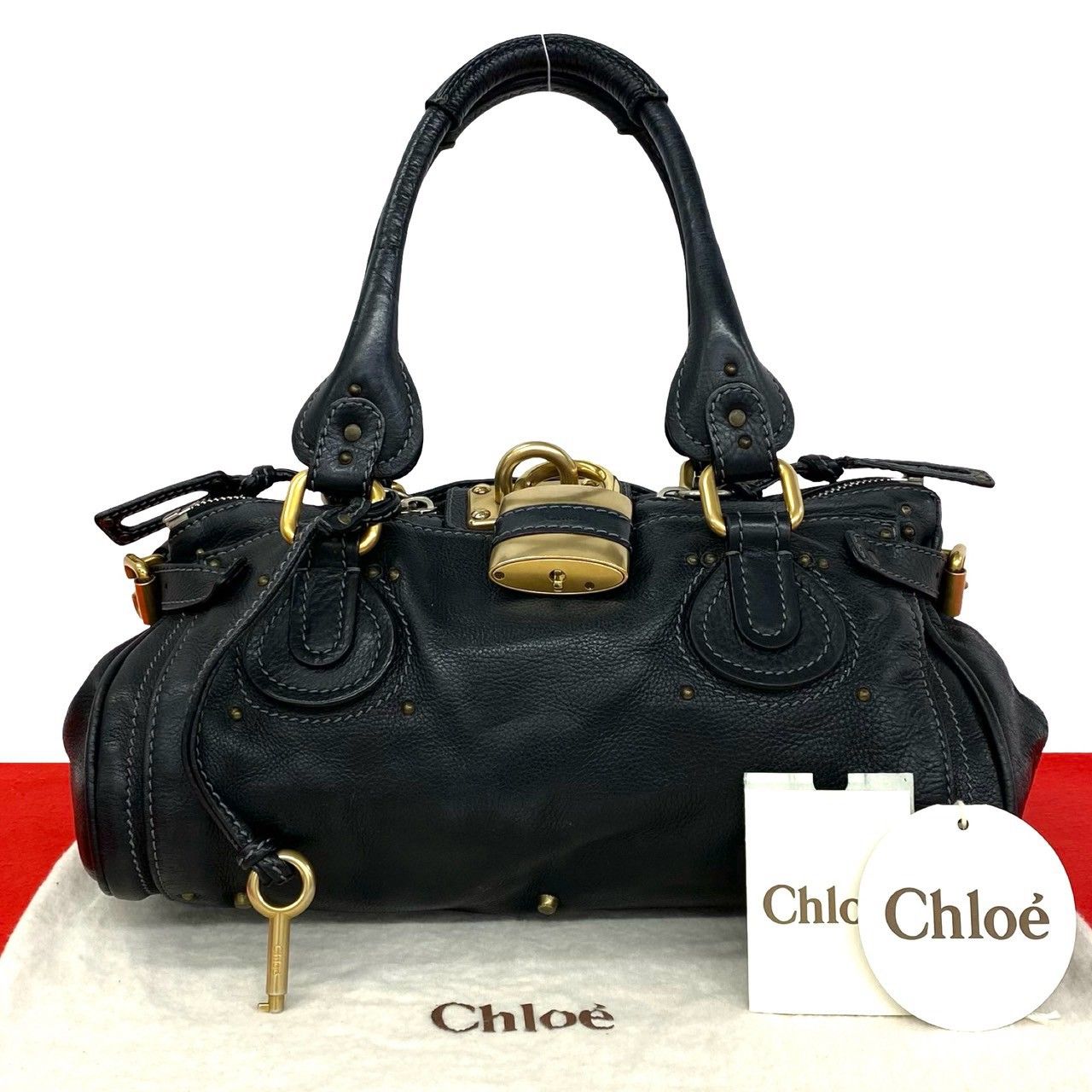 極 美品 希少品 Chloe クロエ パディントン ロゴ パドロック 南京錠 金具 レザー 本革 ハンドバッグ トートバッグ ブラック 黒 15612