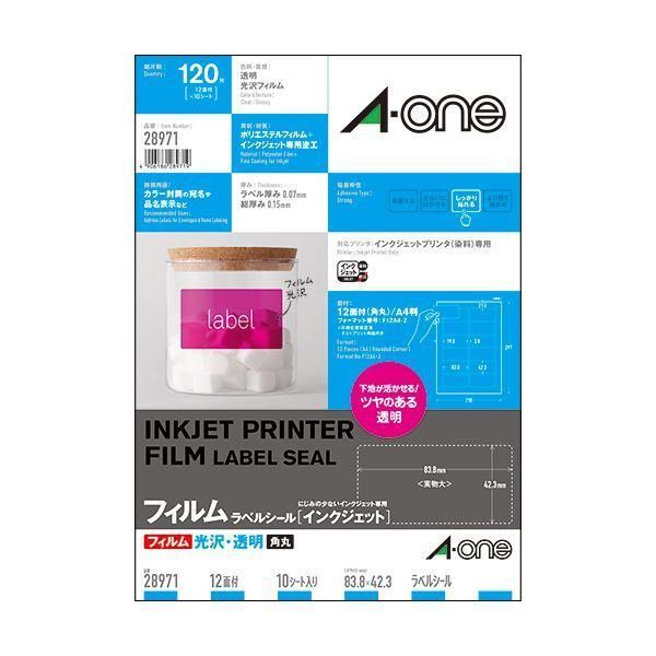 ds-(まとめ) エーワン ラベルシール[インクジェット]光沢フィルム・透明 A4 12面 83.8×42.3mm 28971 1冊(10シート) 〔×10セット〕
