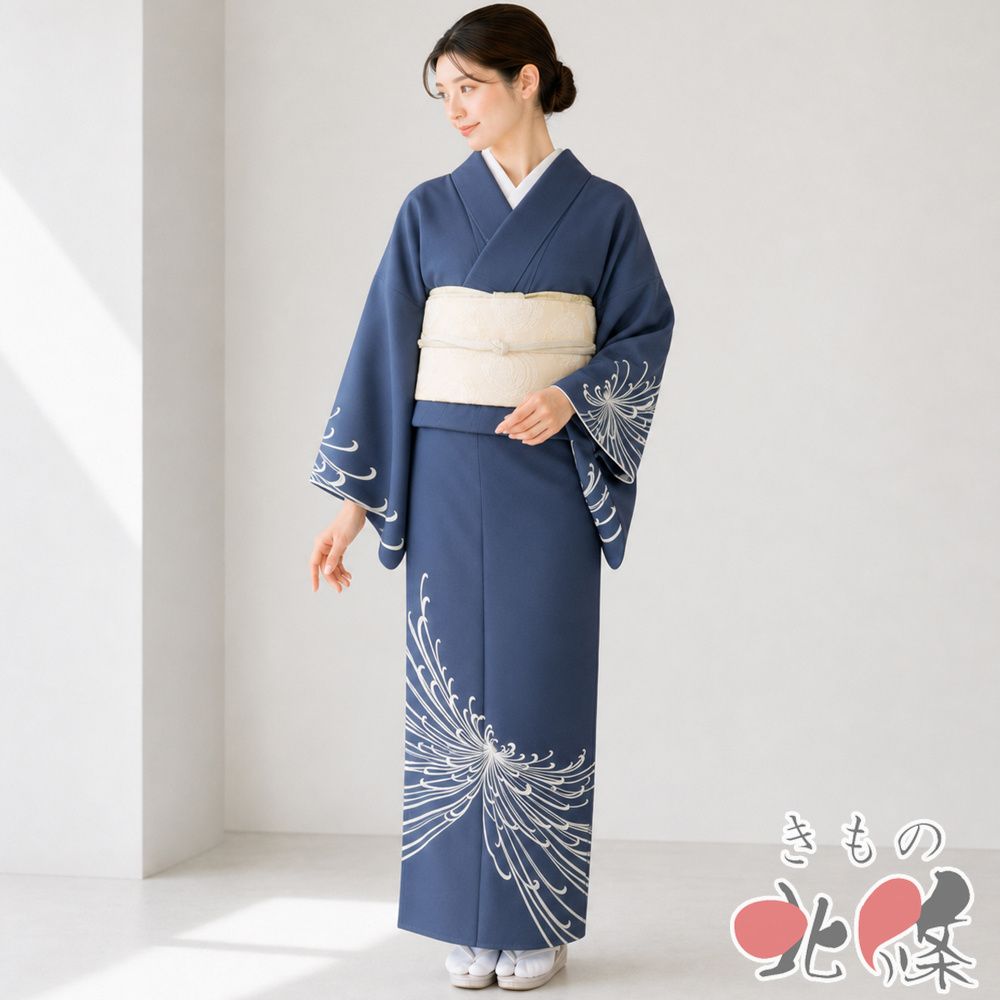 訪問着 着物 中古 正絹 袷 フォーマル 作家物 落款 菊の図 青系色 金 身丈161.5cm 裄68cm M きもの北條 A1402-7 25,186円