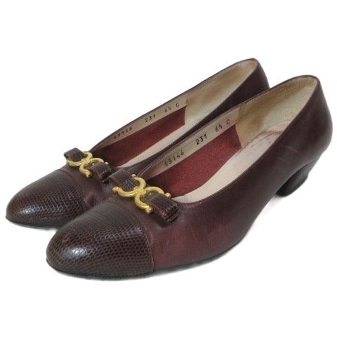 Salvatore Ferragamo Salvatore Ferragamo BOUTIQUE Gancini Pumps Leather Chunky Heel Toe Switch Shoe 6.5 Approximately 24 cm Brown IBO92 /X