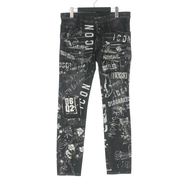 ディースクエアード DSQUARED2 20AW ICON ROCK PRINT WASH SKATER JEAN スケータージーンズ デニムパンツ 46 ブラック 黒 S79LA0014 国内正規