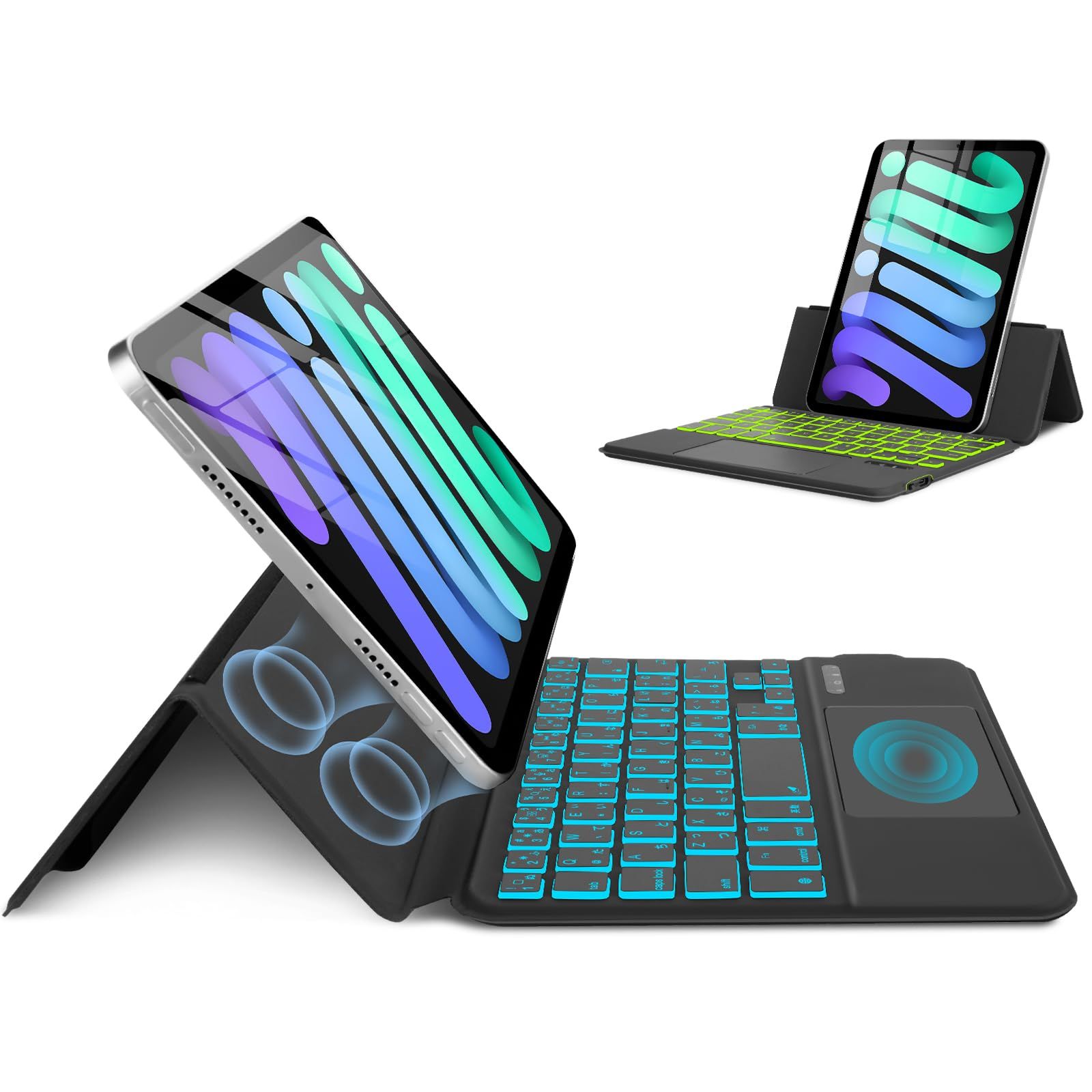第7世代(2024)/Mini 6 Pro 第6世代(2021) A17 8.3インチに対応。軽量、超薄型、全面保護、多角度調整、傷がつきにくい，磁気吸着ケース，Type-C充電機能、7色バックライト付きBluetoothタッチパッドキーボード付き多機能キー