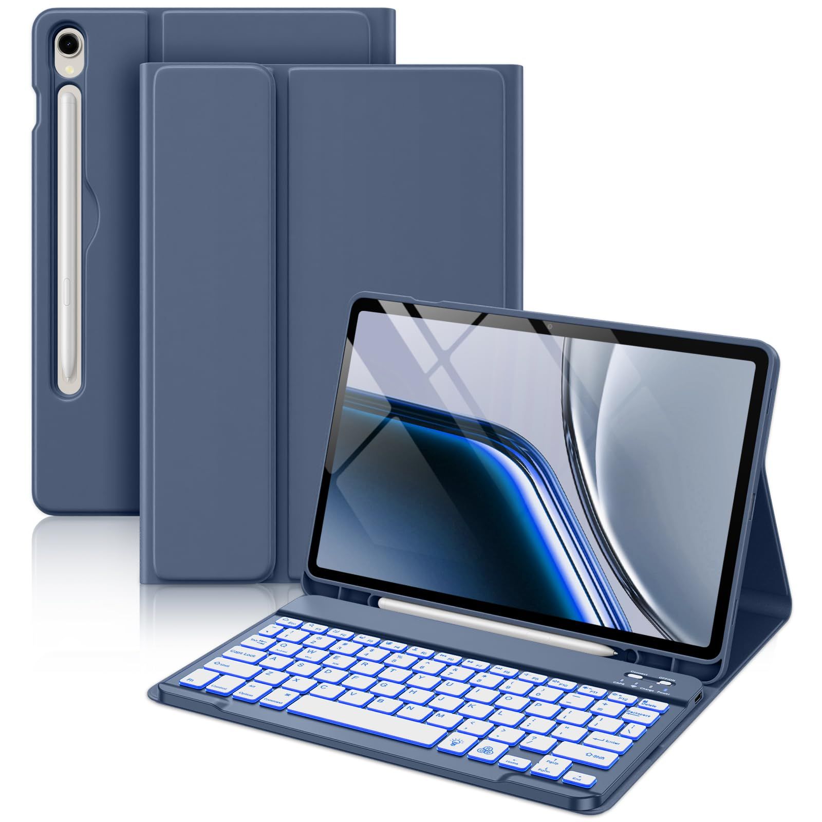 탭 S10 호환 갤럭시 라이트/S10 FE/S9 FE - 10.9인치 | 2025/2023 태블릿 전체 보호 키보드 케이스 얼룩 방지 소재 마그네틱 탈착식 키보드 저소음 키 삼성 7 컬러 백라이트 US 어레이 블루/G용