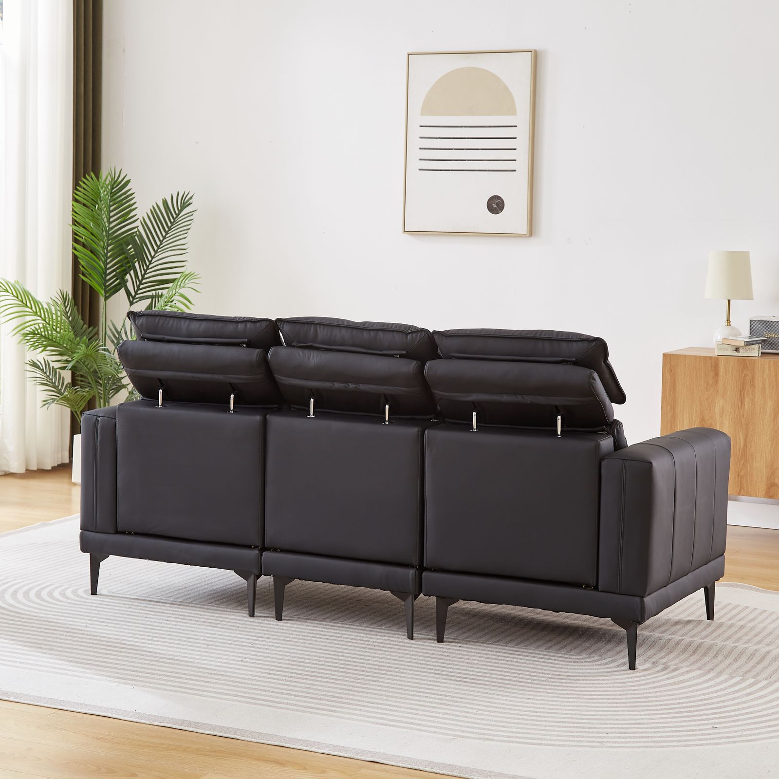 【新品】ブラック 3人掛けソファ ヘッドレスト付 5段階調節 北欧 幅200cm ヘッドレスト付き3人掛けソファ 幅200cm 5段階調節 ハイバック PU
