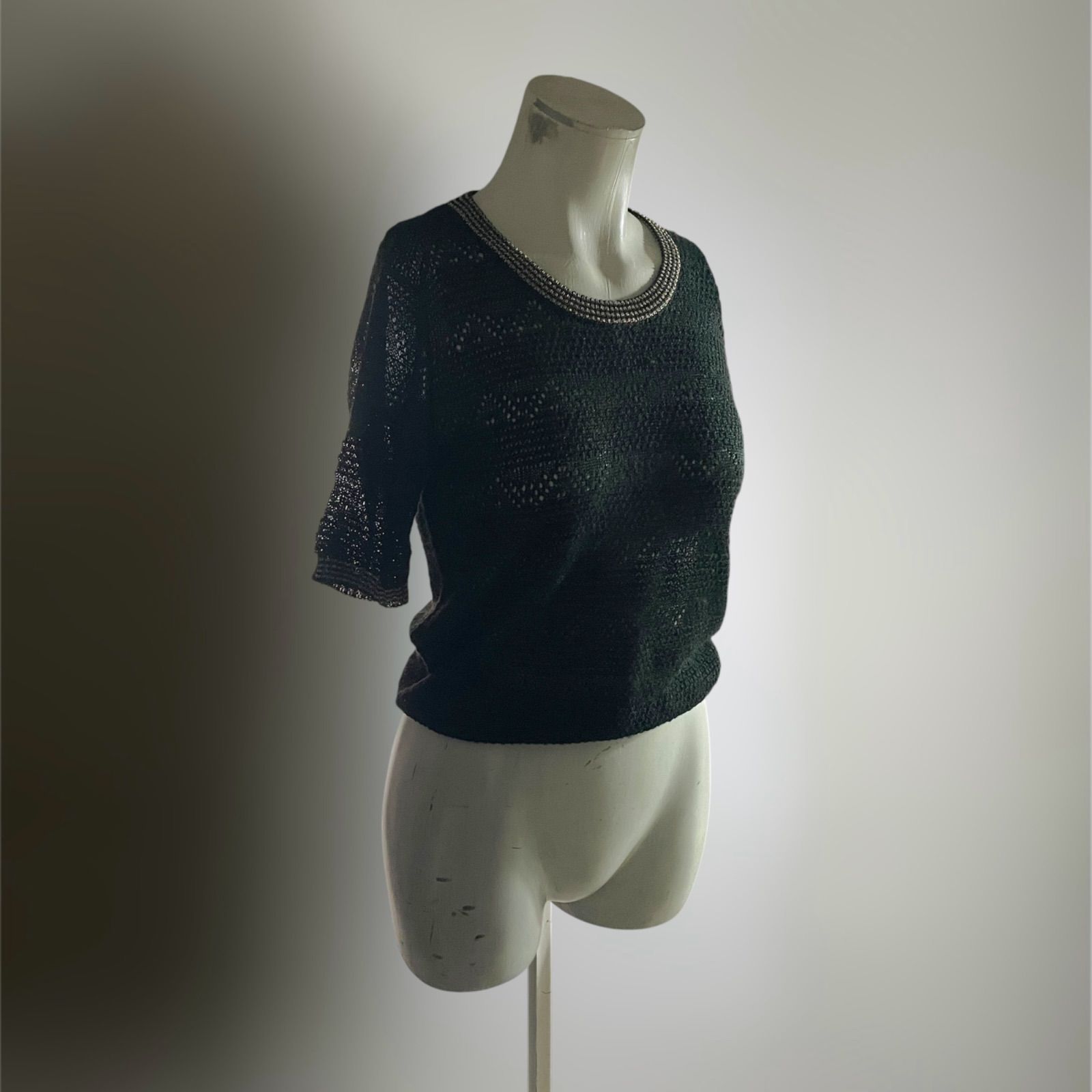 Vintage 80s 90s ヴィンテージ 半袖 ニット トップス シャツ ブラウス シアー 透かし編み ブラック ゴールド USA ラメ 古着 vintage 希少 アメリカ レア I244 6,320円