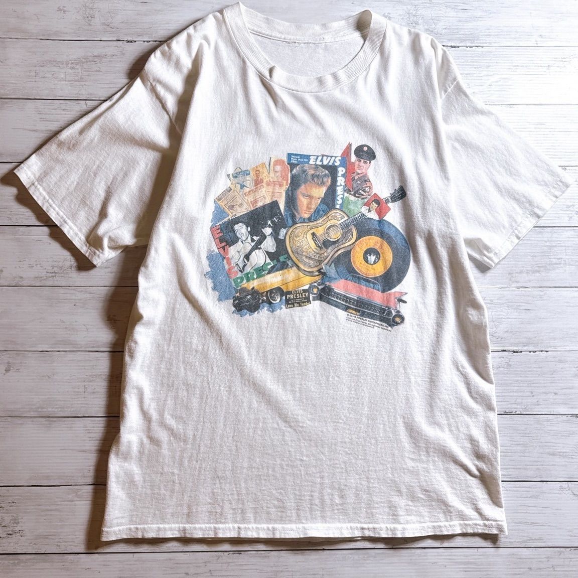 【お宝古着/最高モデル】90s Vintage ELVIS PRESLEY T-shirt エルヴィス・プレスリー ホワイト ロック ミュージック ギター レコード グラフィック 古着 半袖Tシャツ #V6842