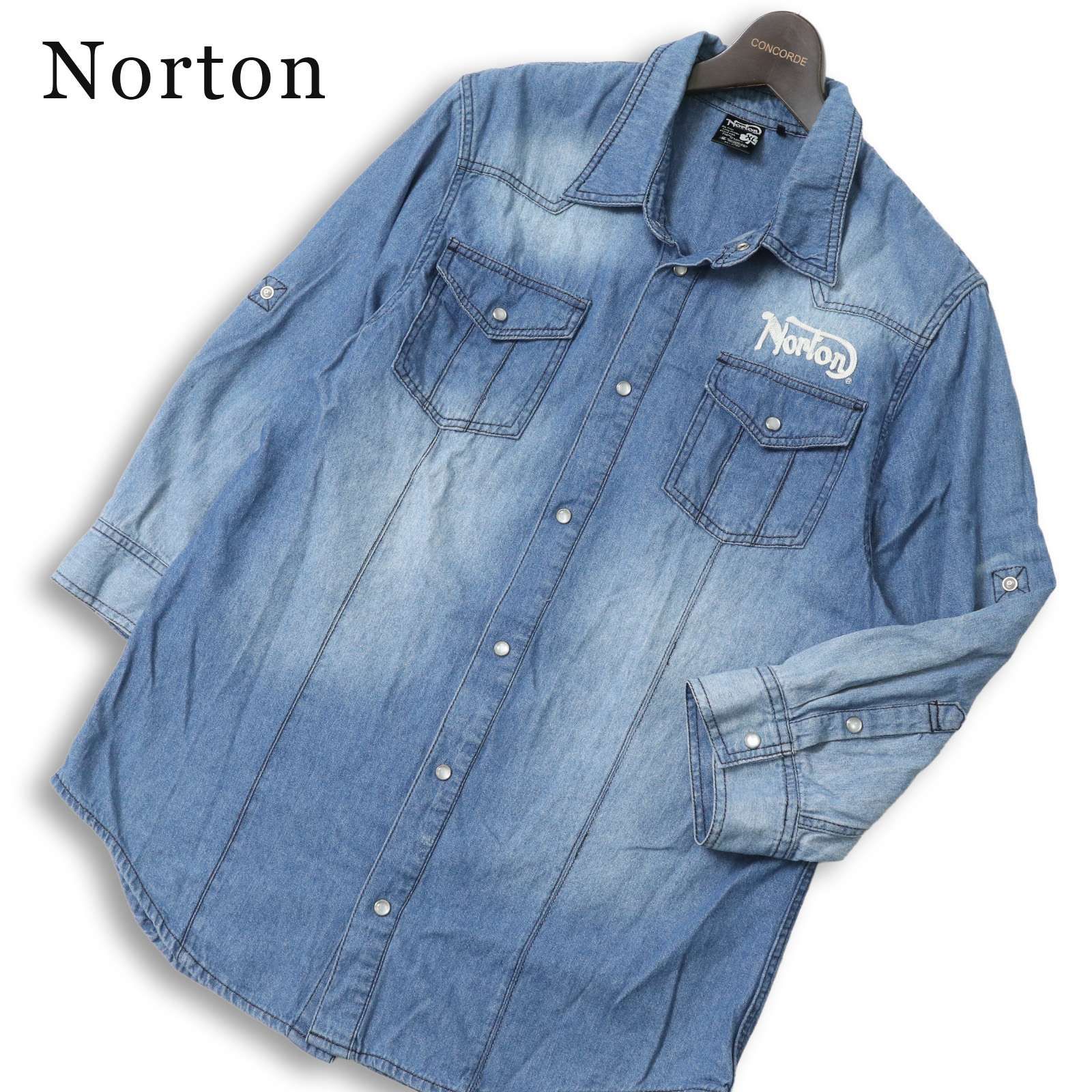 Norton ノートン 春夏 七分袖 ロゴ刺繍 ウォッシュ加工 デニム ウエスタン シャツ 大きいサイズ Sz.XL メンズ バイク