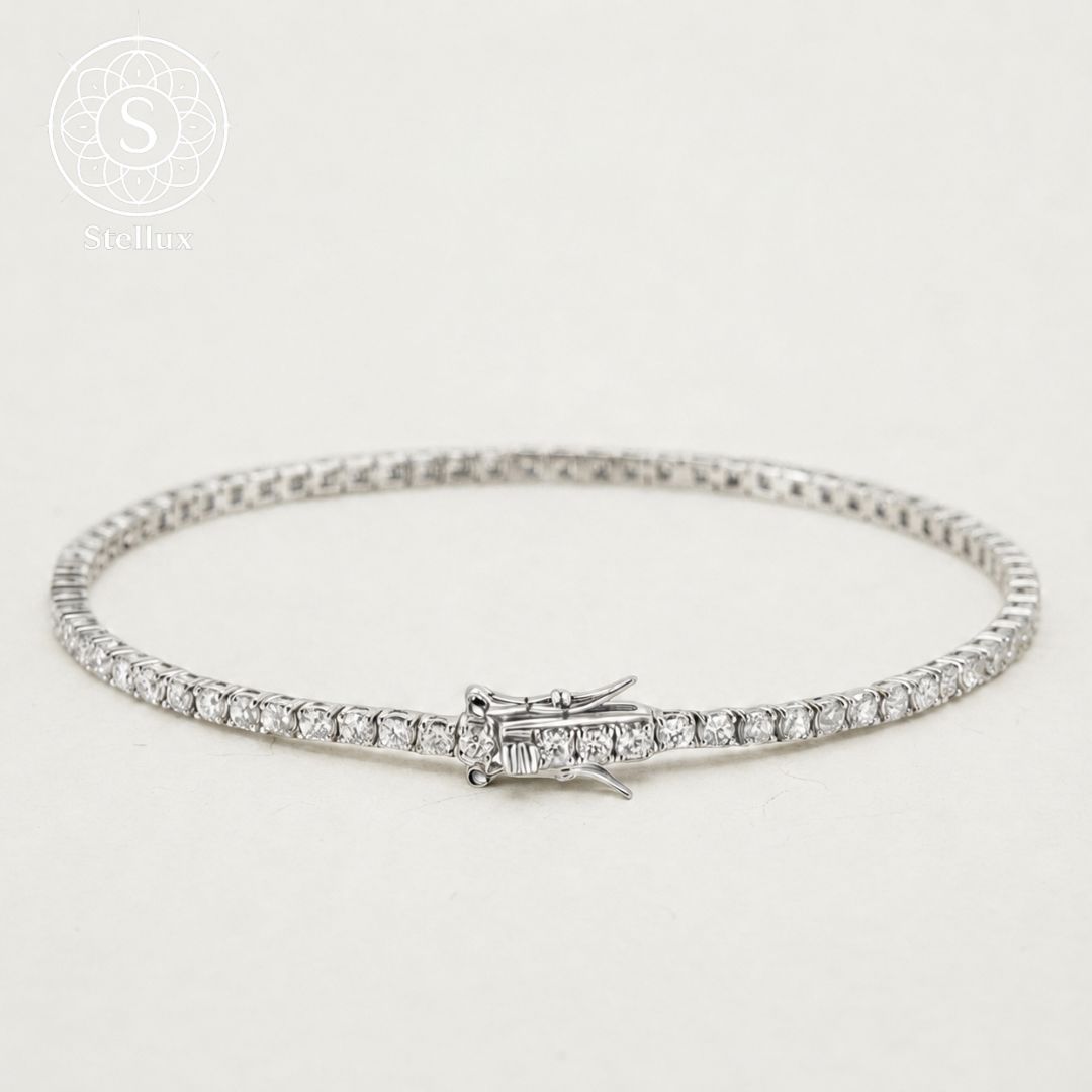 【全石VVS1の、贅沢】モアサナイト・テニスチェーンブレスレット/2mm/シルバー925 S925刻印/プラチナコーティング/メンズ・レディース対応/ユニセックス/金属アレルギーOK/プレゼント・ギフトにも◎/トラベルジュエリー/ブリンブリン
