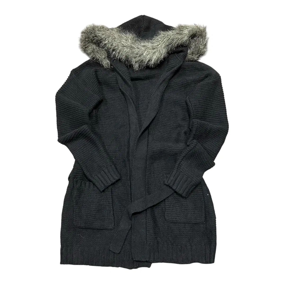 (即納) UNIQLO ブラック ファー フード ショールカラー ウール ブレンド ニット カーディガン 6,147円