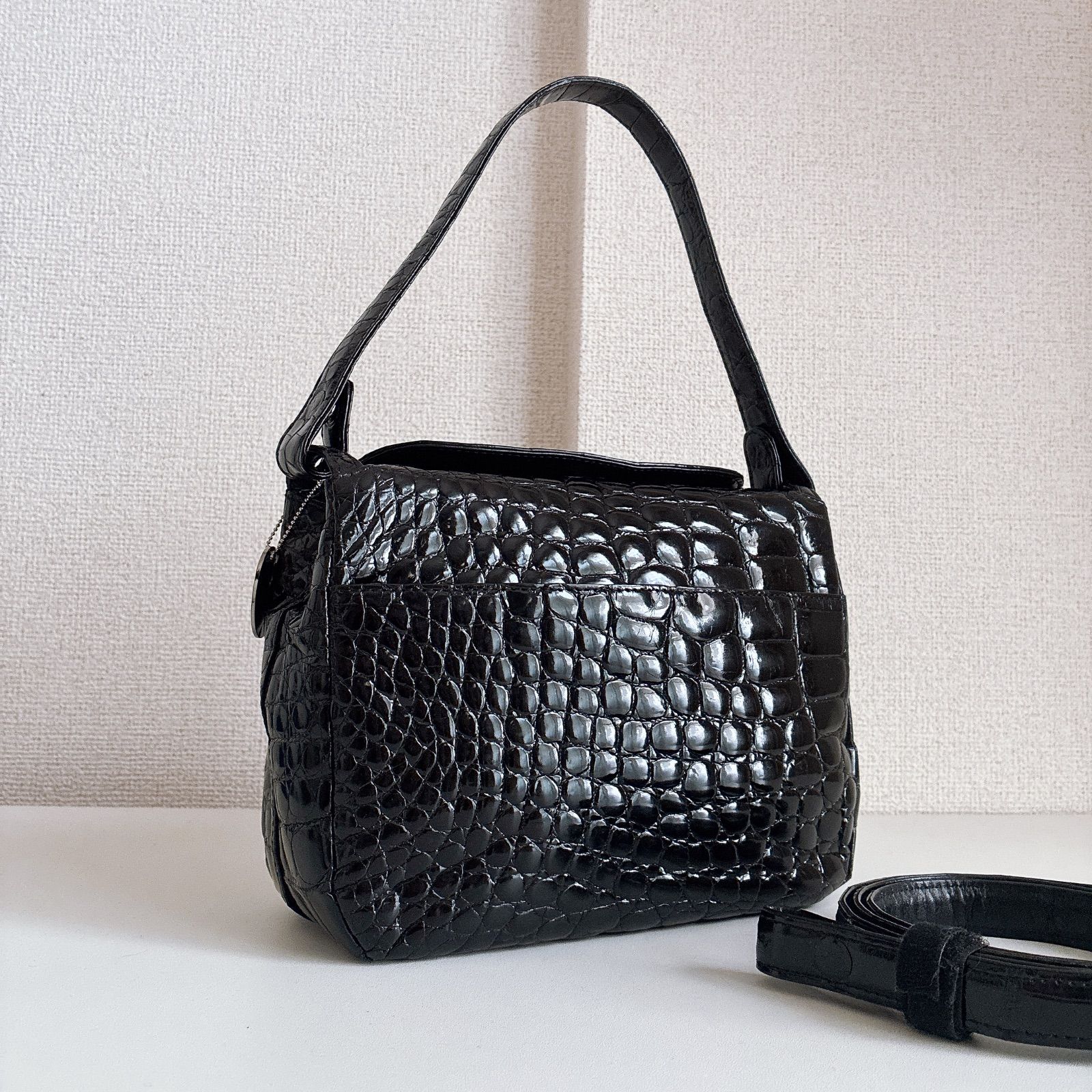 JRA認定 日本製102番 クロコダイル本革 ショルダーバッグ 2way ブラック シャイニング加工 8,360円