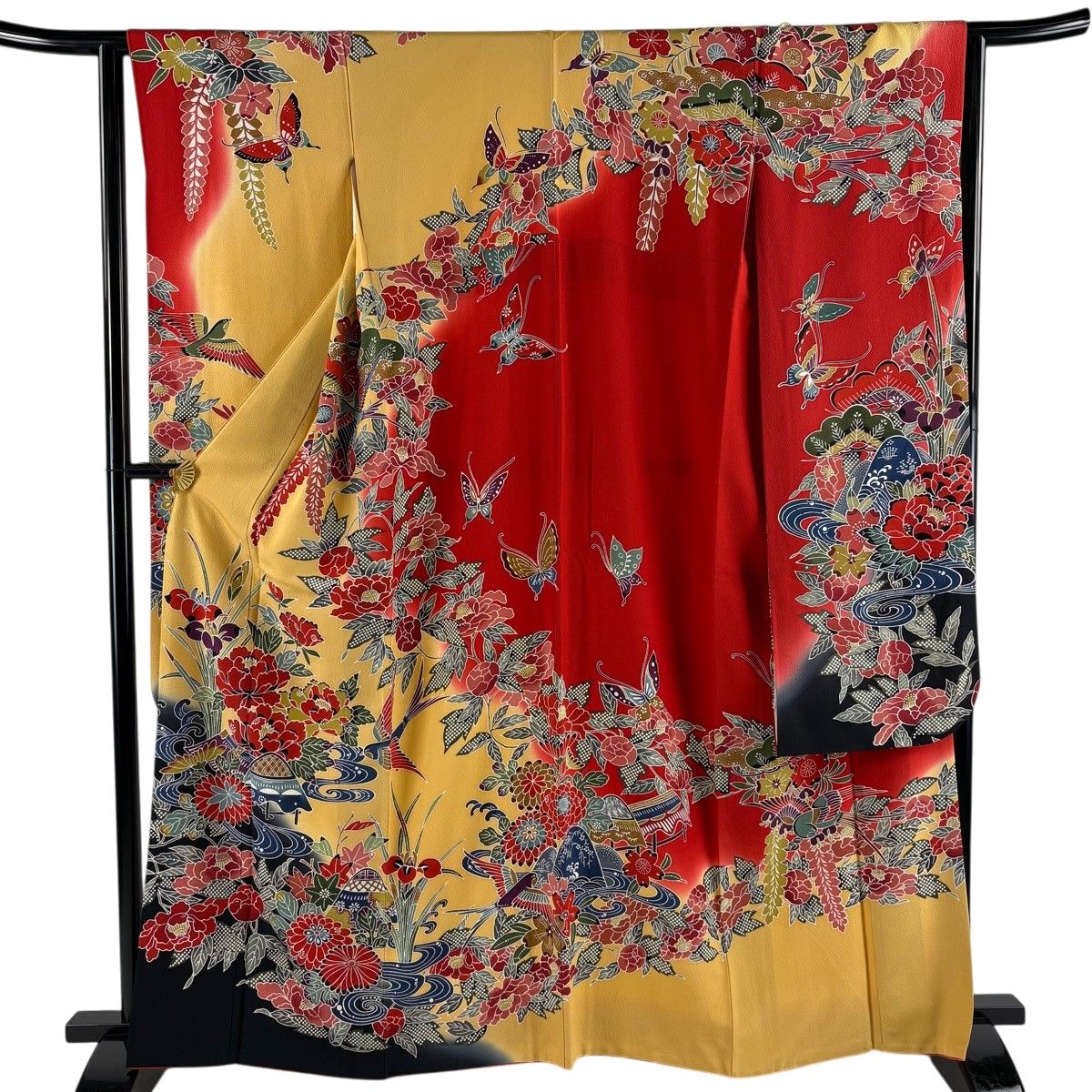 【美品】 振袖 身丈164cm 裄丈63cm S 袷 草花 流水 染め分け 山吹茶色 正絹 名品 【中古】 12,638円