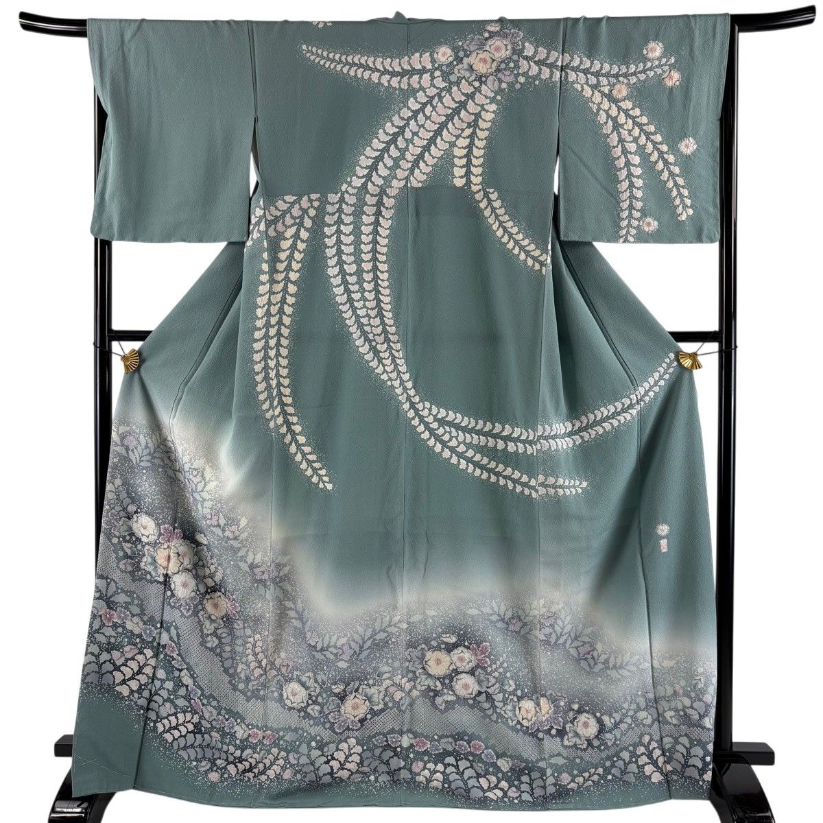 訪問着 身丈167.5cm 裄丈65.5cm M 袷 翠山工房 落款 辻が花 染め分け ぼかし 灰緑 正絹 名品 【中古】