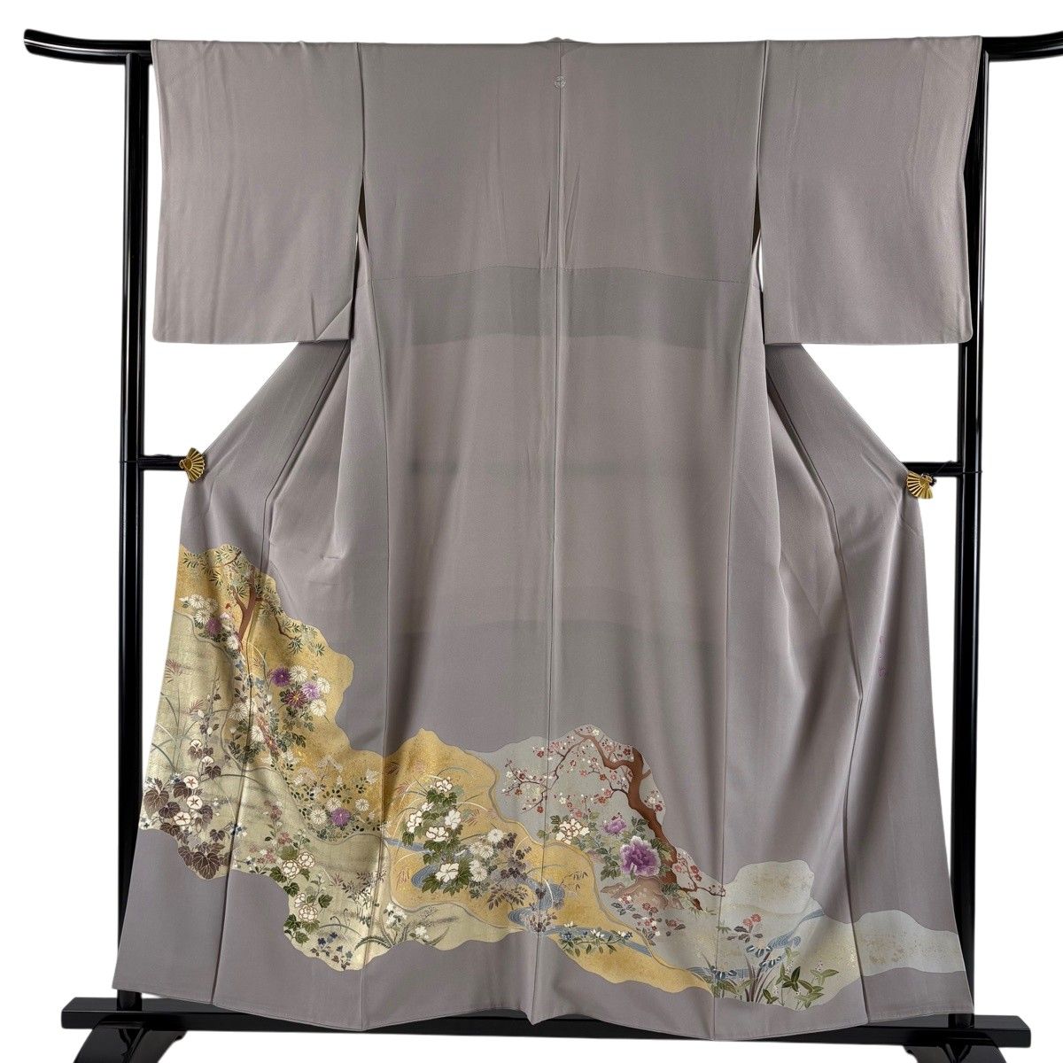 色留袖 身丈155cm 裄丈64.5cm M 袷 帝王紫 落款 菊 霞 金糸 金銀彩 灰紫 正絹 名品 一つ紋 【中古】