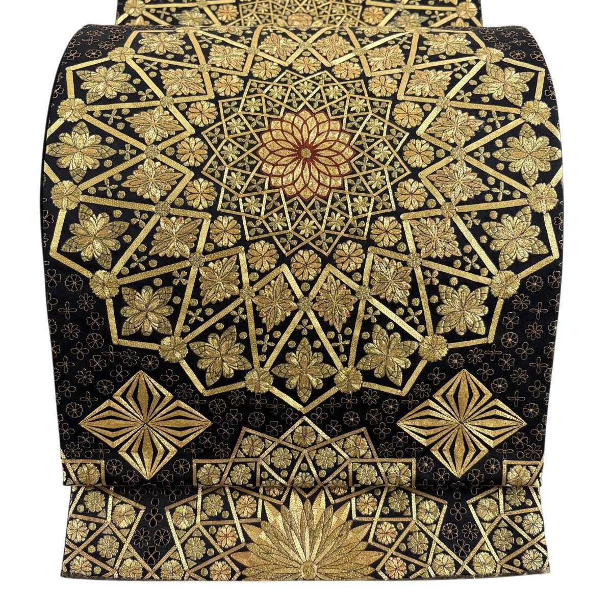 袋帯 逸品 華文 小花 刺繍 金糸 黒 六通 正絹 【中古】