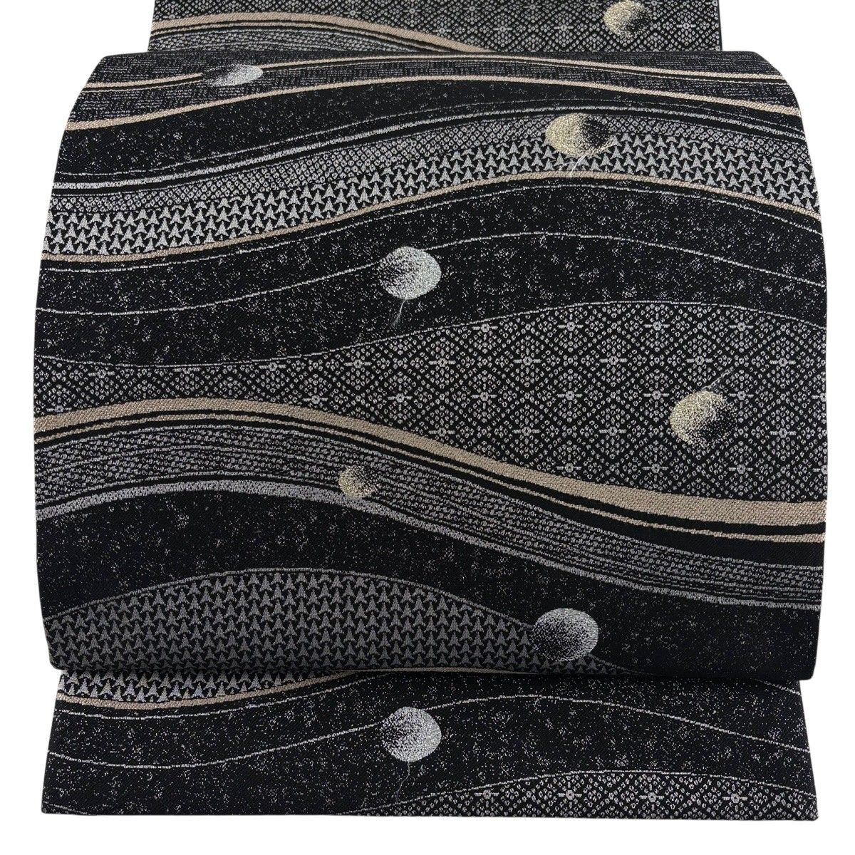 袋帯 名品 丸文 よろけ縞 箔 黒 六通 正絹 【中古】 10,350円