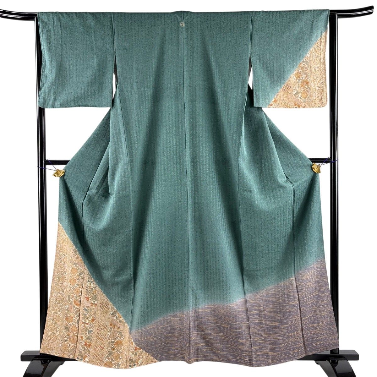 【美品】 付下げ 身丈160.5cm 裄丈64cm M 袷 草花 金彩 染め分け 緑 正絹 秀品 一つ紋 【中古】 6,952円