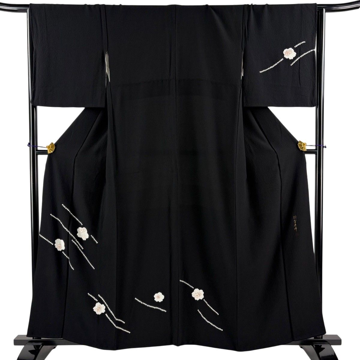 【美品】 付下げ 身丈158cm 裄丈66cm M 袷 落款 桜 幾何学 絞り 金糸 黒 正絹 秀品 【中古】