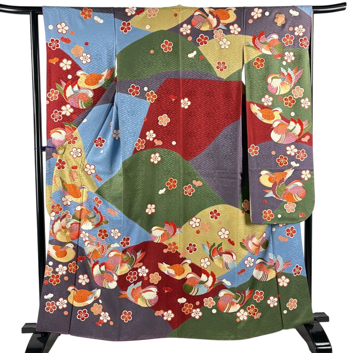 振袖 身丈162cm 裄丈63.5cm S 袷 鴛鴦 梅 金糸 金彩 青灰色 正絹 秀品 【中古】
