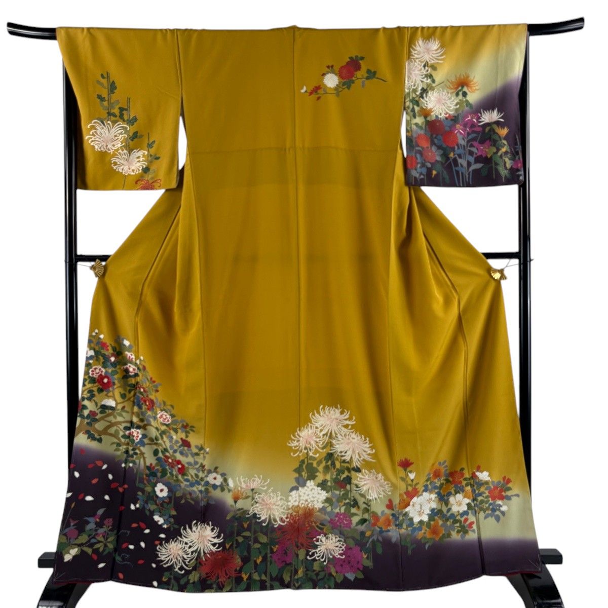 訪問着 身丈165cm 裄丈67.5cm L 袷 椿 菊 金糸 金彩 山吹色 正絹 秀品 【中古】 6,688円