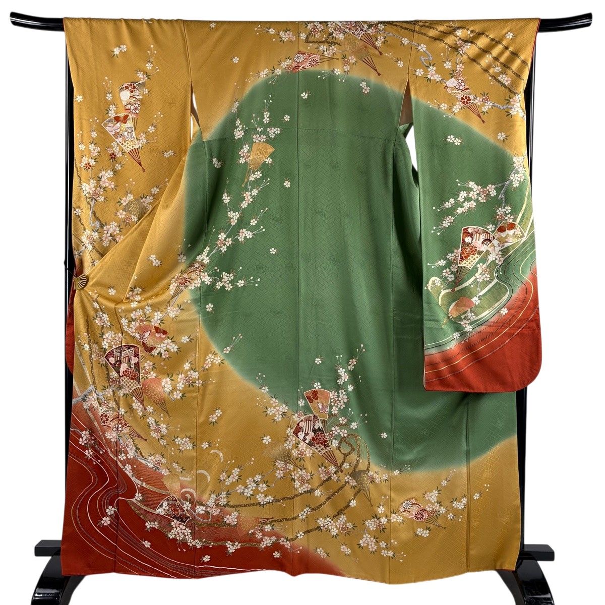 振袖 身丈166cm 裄丈66.5cm M 袷 扇 桜 金彩 ぼかし 薄黄土色 正絹 秀品 【中古】