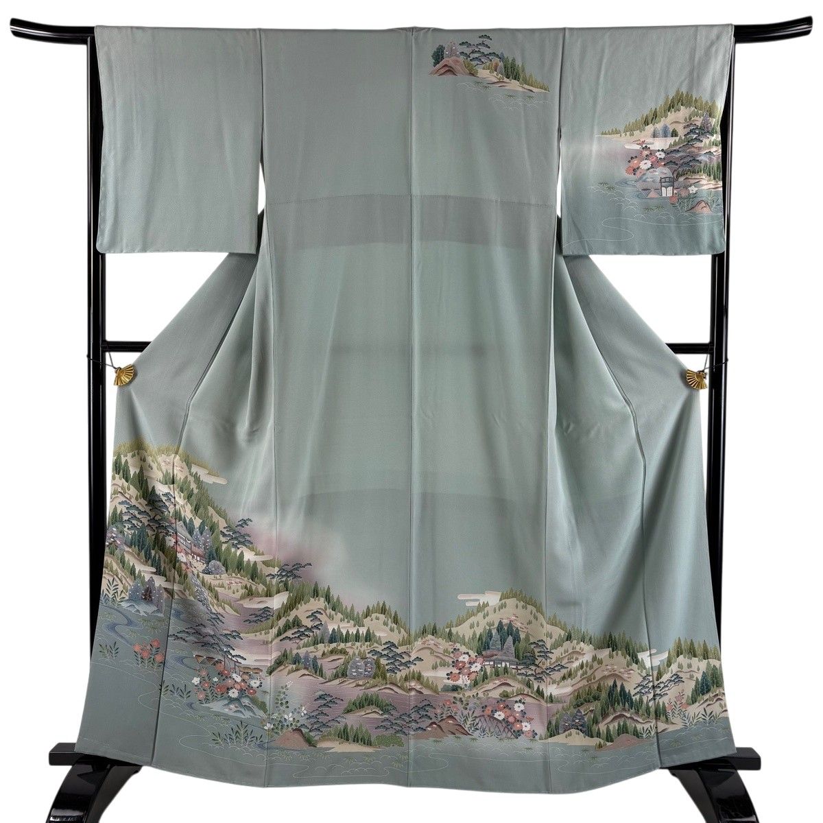 訪問着 身丈162cm 裄丈65cm M 袷 風景 家屋 染め分け ぼかし 青灰色 正絹 秀品 【中古】