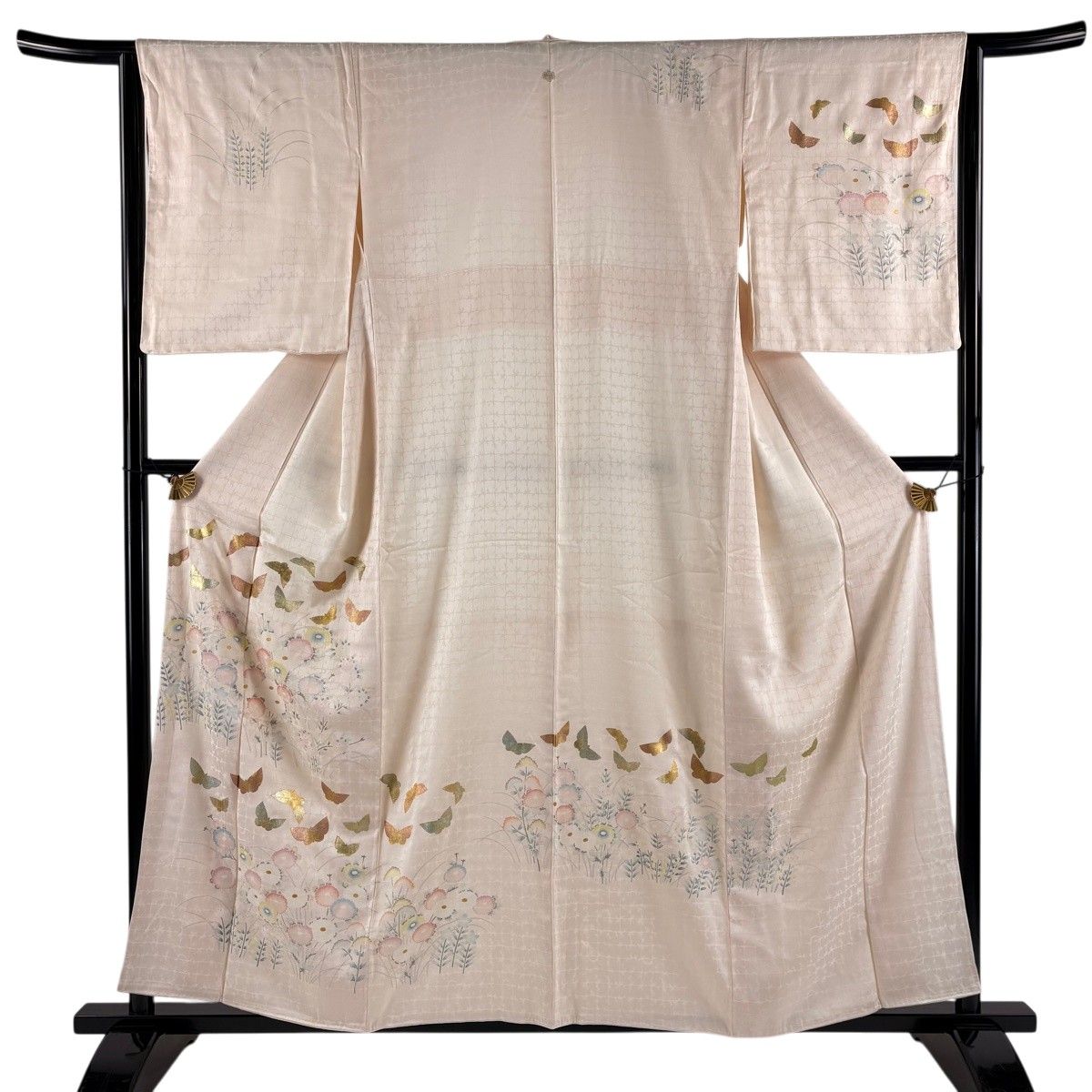 【美品】 訪問着 身丈166.5cm 裄丈64cm M 袷 蝶 菊 金銀彩 クリーム 正絹 秀品 一つ紋 【中古】