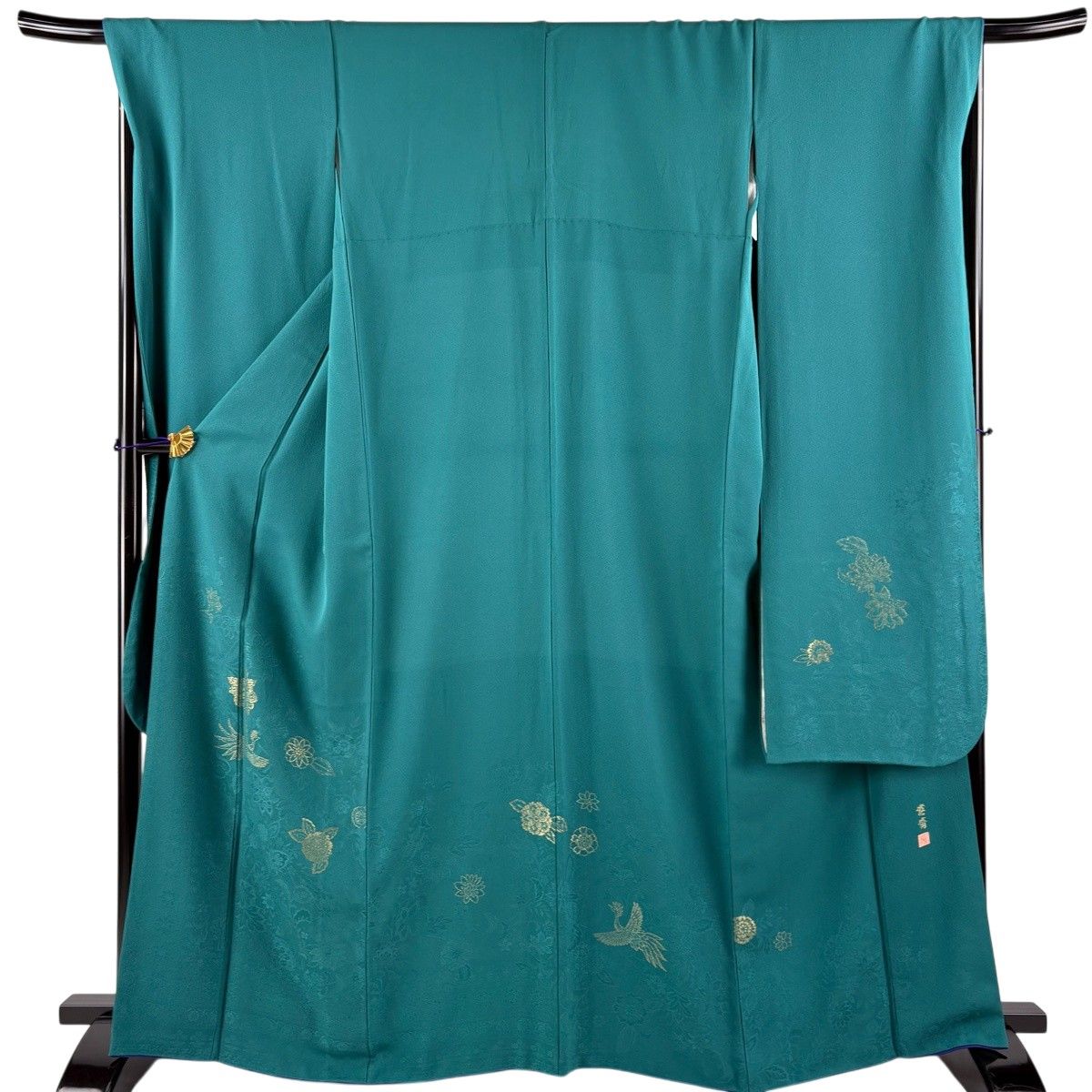 振袖 身丈165.5cm 裄丈68cm L 袷 山本寛斎 堅牢染 落款 鳥 草花 金糸 緑 正絹 秀品 【中古】