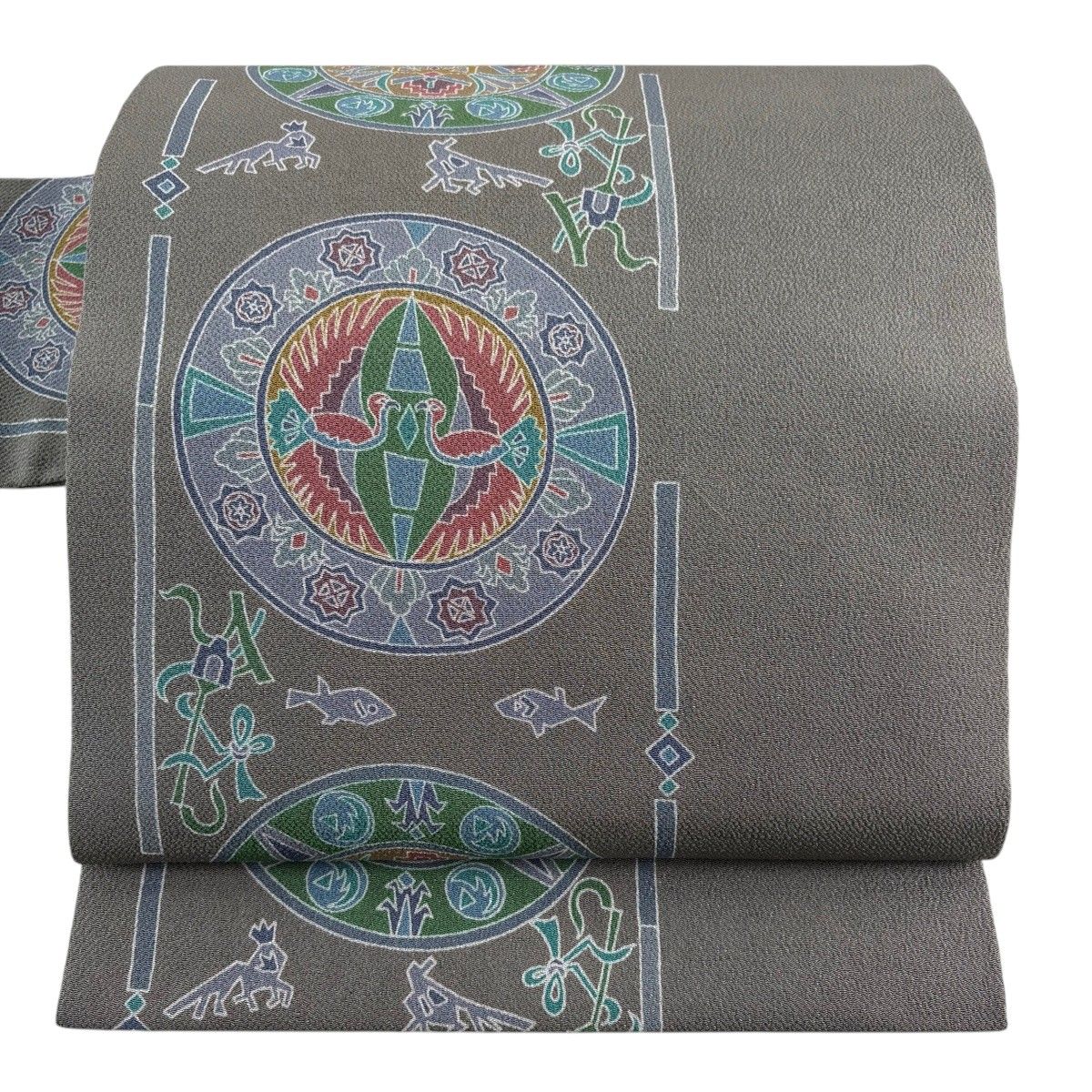 【美品】 名古屋帯 秀品 向鳥 華文 縮緬 灰色 正絹 【中古】