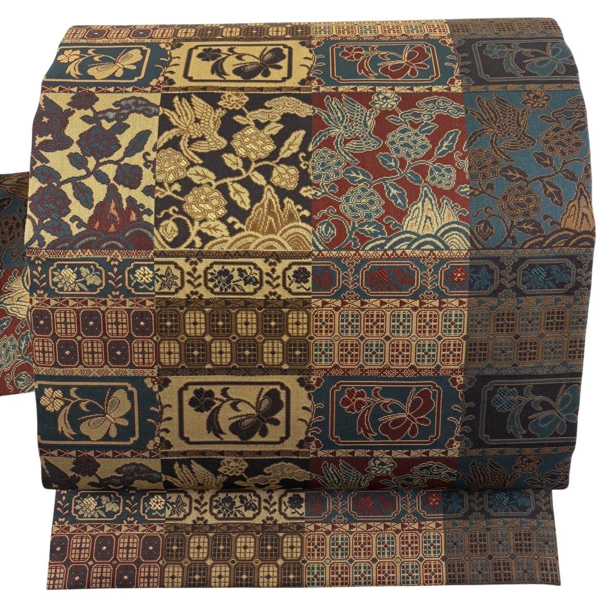 【美品】 名古屋帯 秀品 花鳥 段縞 焦茶色 正絹 【中古】