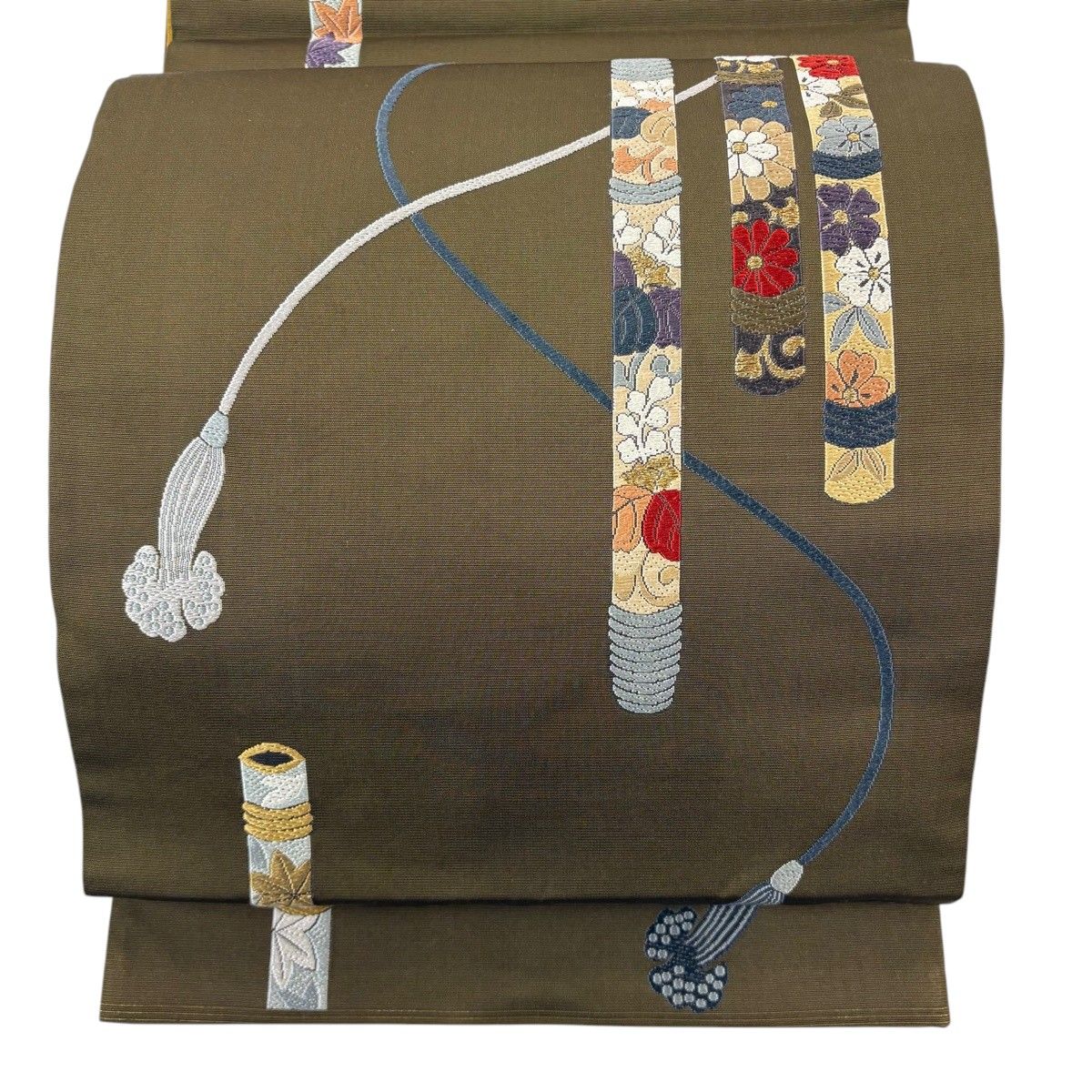 【美品】 袋帯 秀品 笛 組紐 金糸 茶緑色 六通 正絹 【中古】