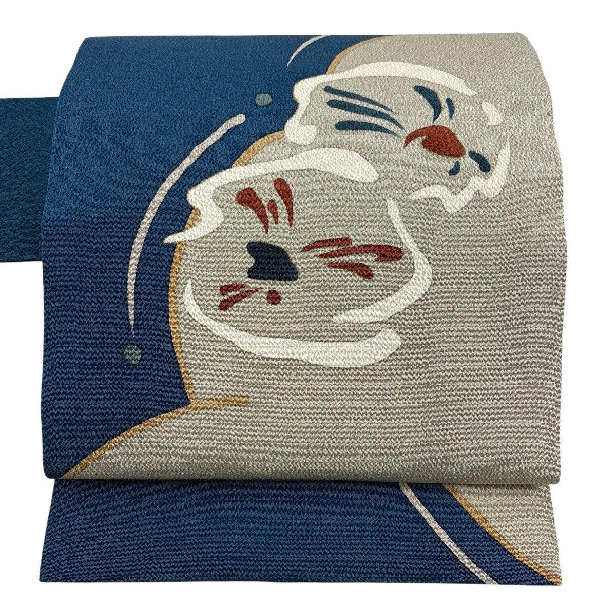 【美品】 名古屋帯 秀品 幾何学模様 金彩 縮緬 藍色 正絹 【中古】