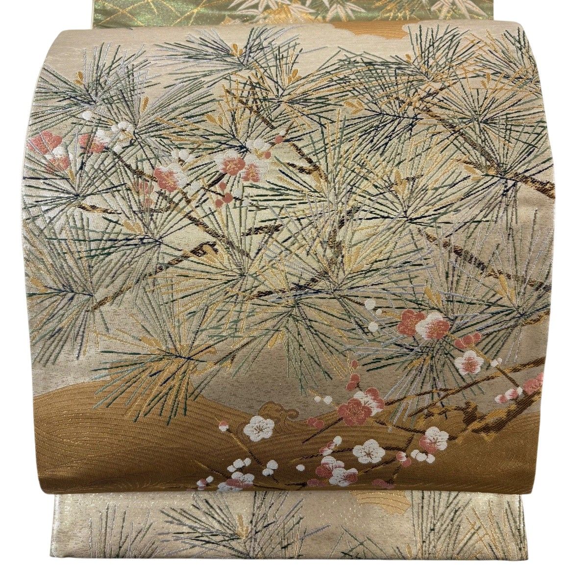 【美品】 袋帯 秀品 松 枝梅 金糸 箔 薄茶色 六通 正絹 【中古】 7,040円