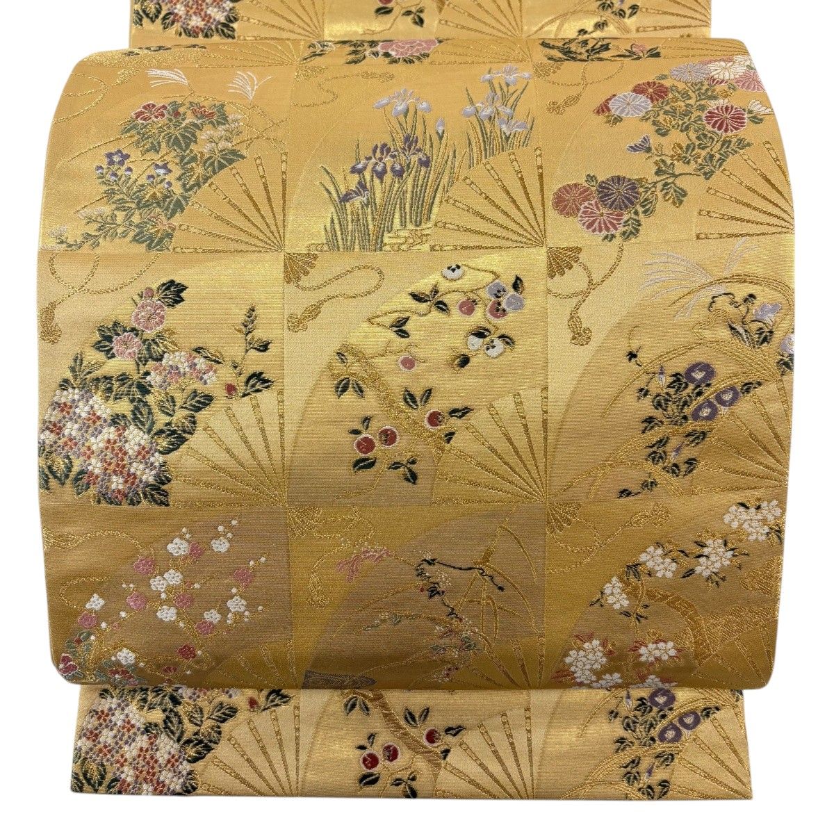 【美品】 袋帯 秀品 扇面四季草花文 金糸 ベージュ 六通 正絹 【中古】