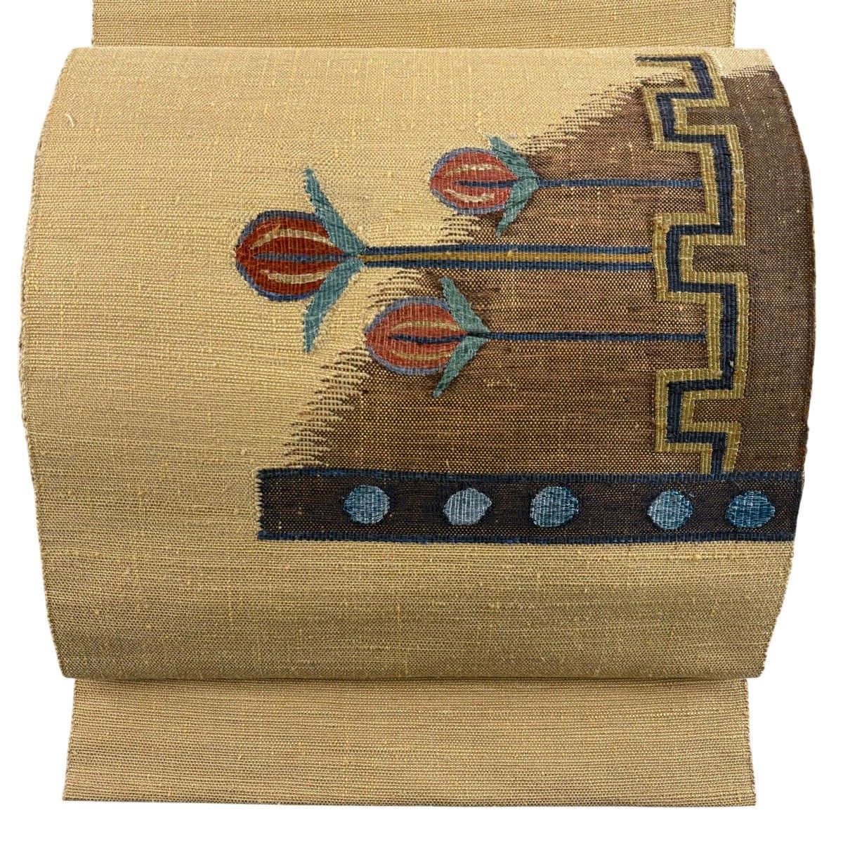 【美品】 名古屋帯 秀品 紬地 八寸名古屋帯 松葉仕立て 草花 幾何学模様 黄土色 正絹 【中古】